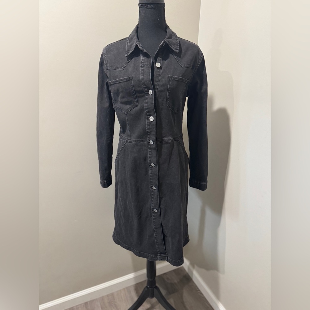 Gap Black Denim Button-Front Shirt Dress utility style‎ monochrome size 8